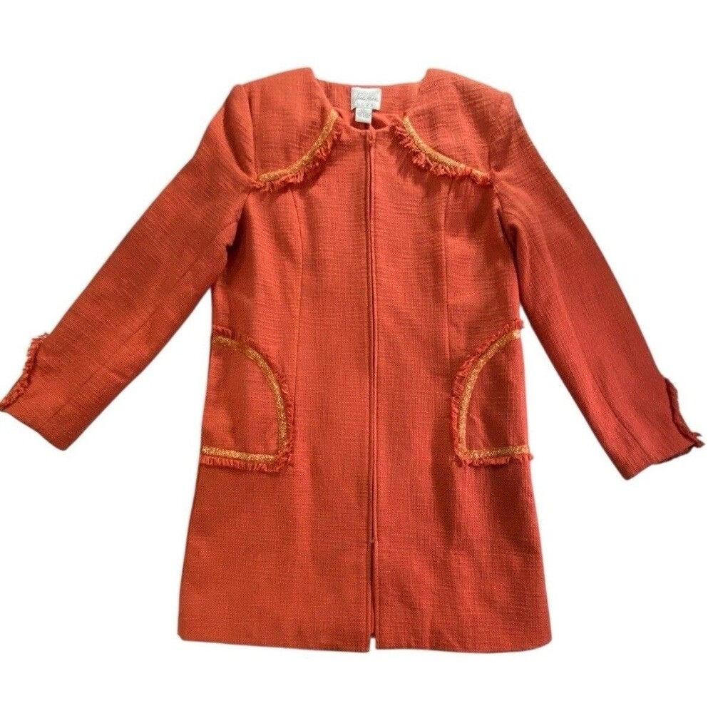 Paula Hian Luxe Womens Orange Tweed Zip Jacket Metallic Trim Medium